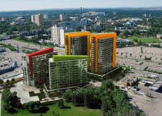 Going up: Aerial view of the four new residential towers from the University City development that now define Calgary’s rising skyline.