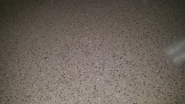 PSP self-leveling overlayment: This close-up of the polished concrete/terrazzo-like finished floor of the Waukesha County Technical College shows a seamless- and durable- surface.